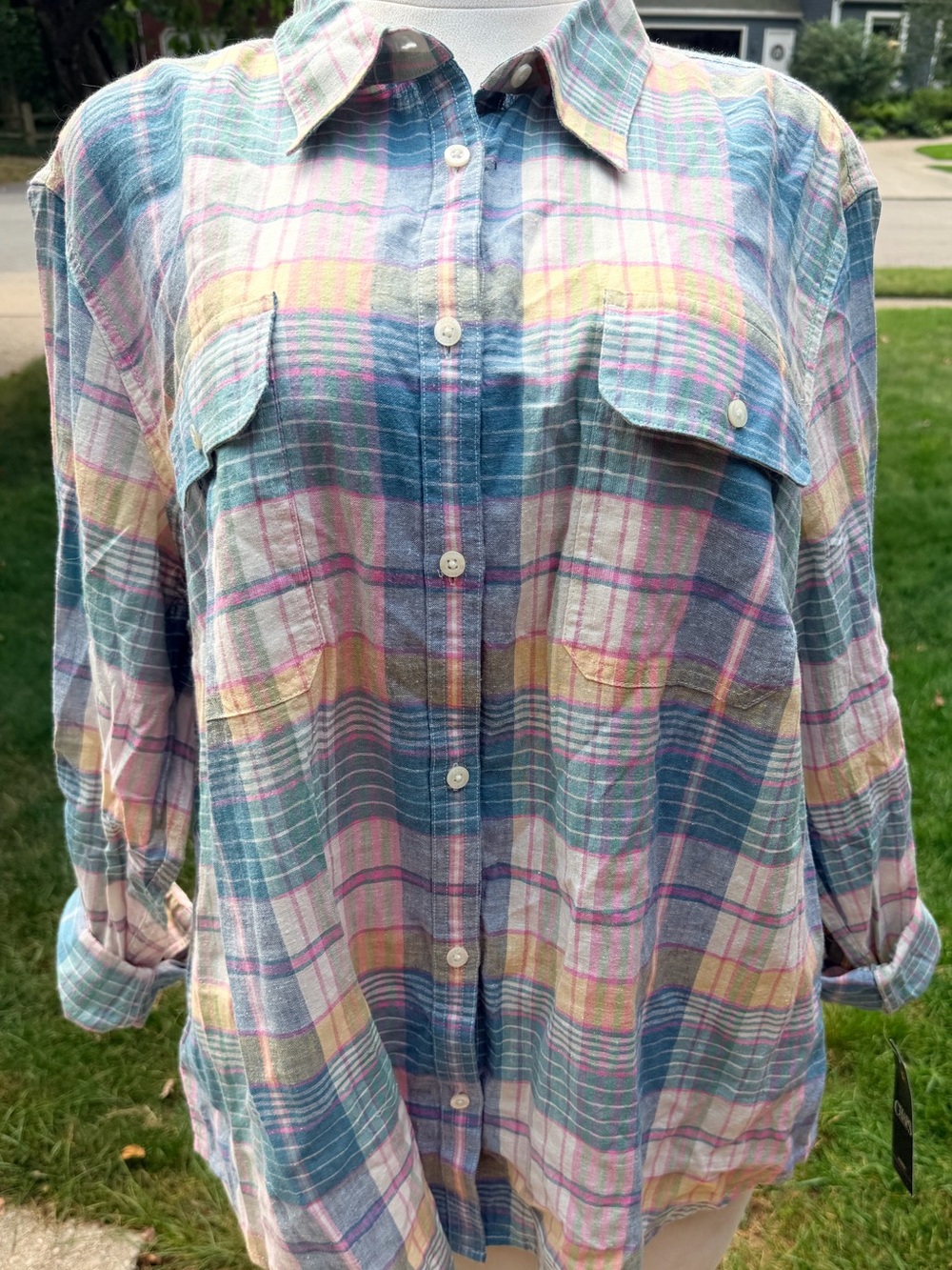 NWT CHAPS Denim 3X Linen Cotton Madras Plaid Button Down Shirt Preppy Lagenlook